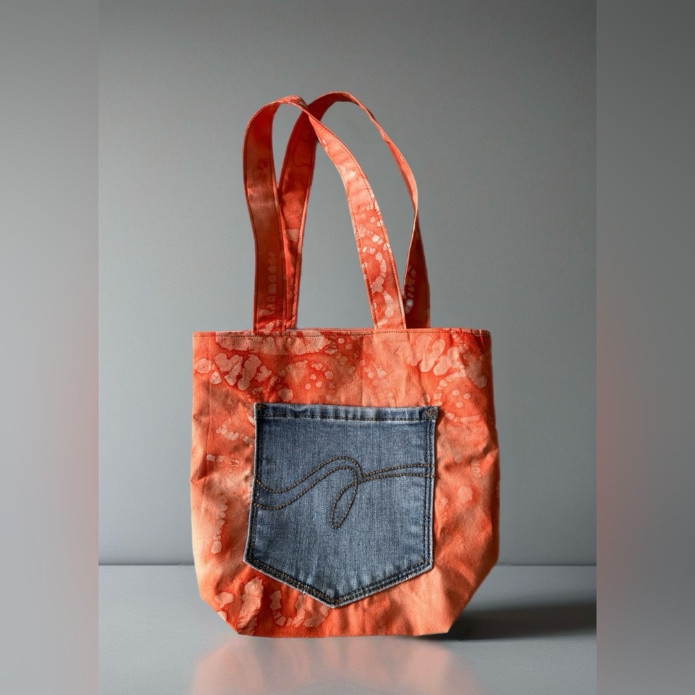 Orange and Blue Tote Bag with Upcycled Denim